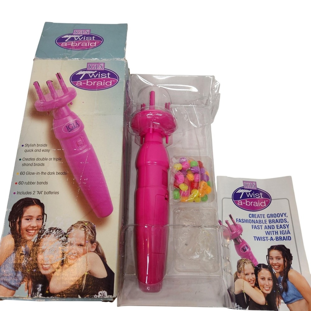 IGIA Twist-A-Braid Pink Cordless Hair Braider Styling Tool W/ Glow Beads & Bands